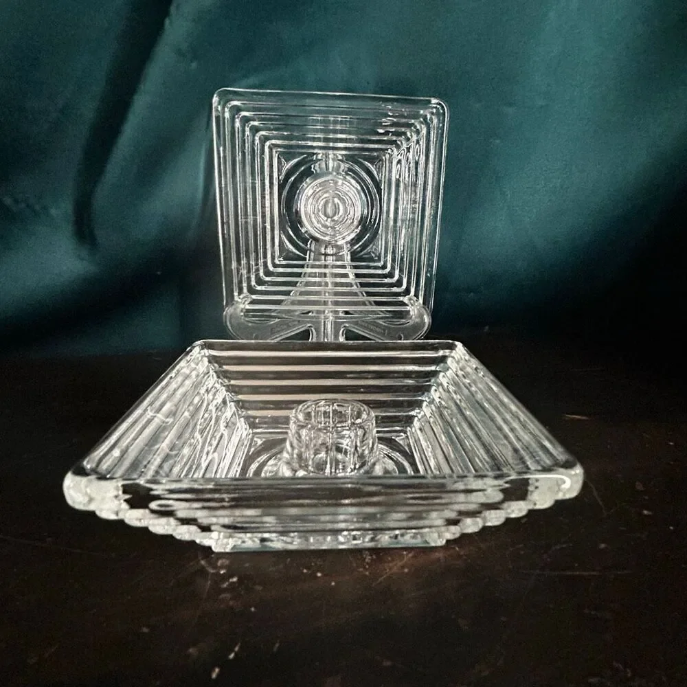 2 Vintage Art Deco Anchor Hocking Clear Manhattan Square Candleholder